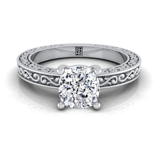 Hand-Engraved Scroll Vintage Solitaire Cushion, in Platinum | RockHer