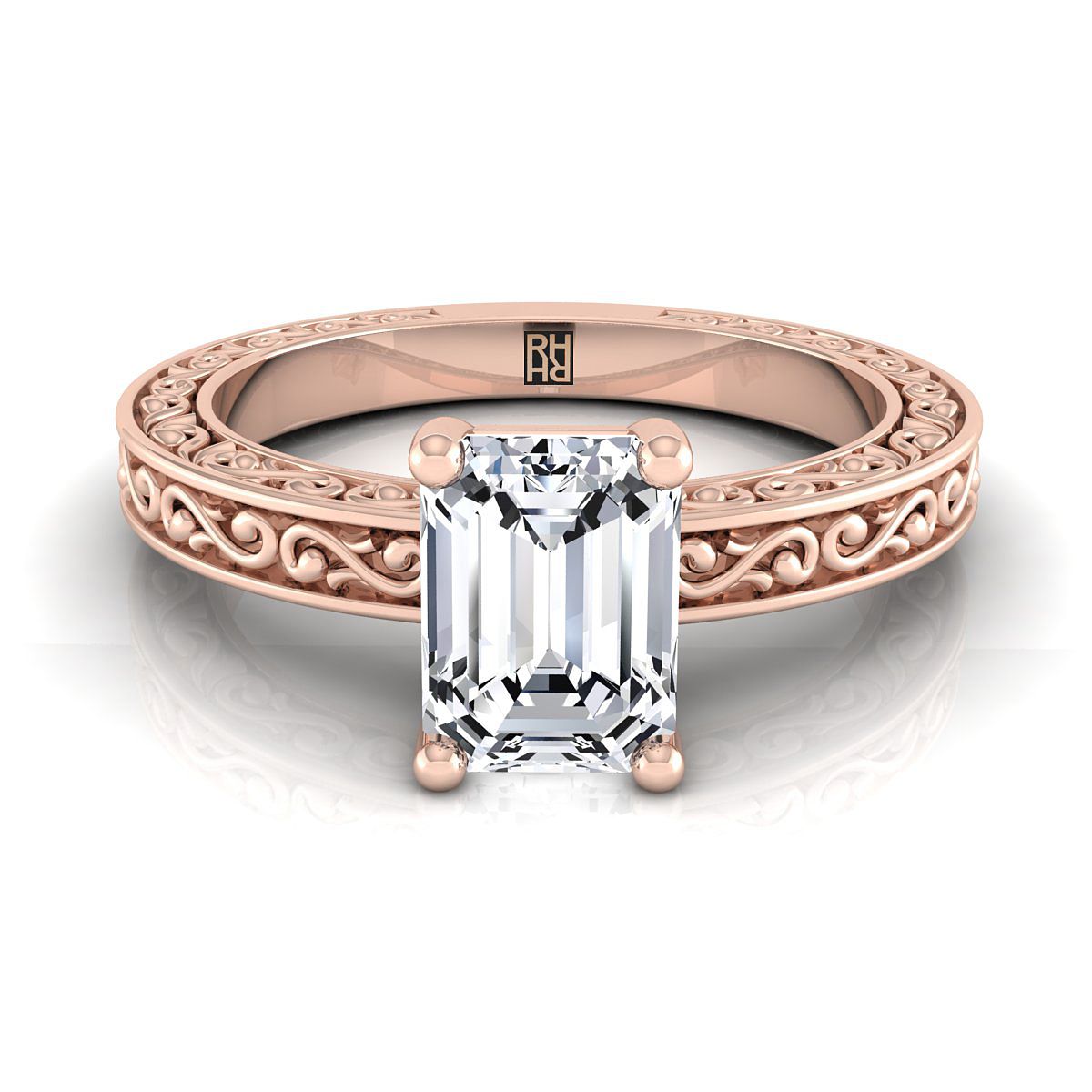 European Cut, Hand-Engraved Scroll Vintage Solitaire Emerald, in 14K Rose Gold | RockHer