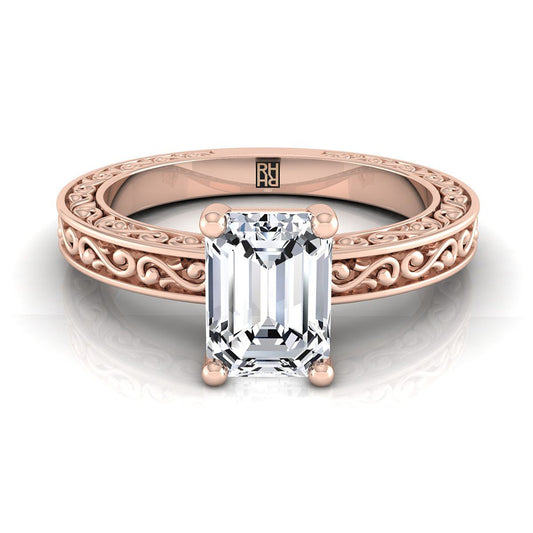 European Cut, Hand-Engraved Scroll Vintage Solitaire Emerald, in 14K Rose Gold | RockHer