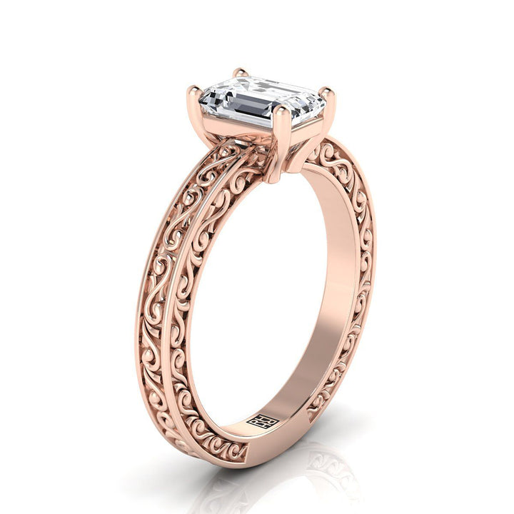 European Cut, Hand-Engraved Scroll Vintage Solitaire Emerald, in 14K Rose Gold – side profile | RockHer