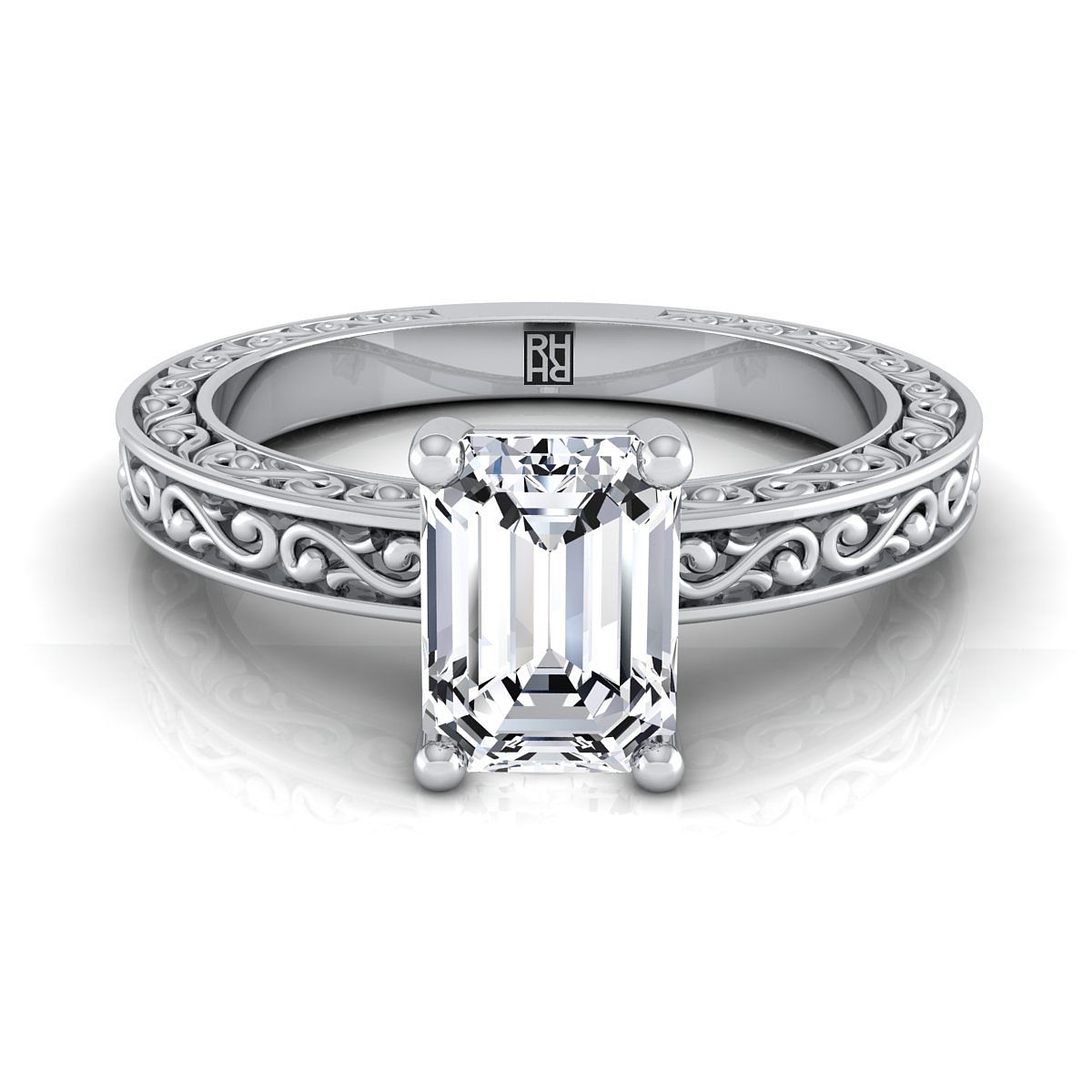 European Cut, Hand-Engraved Scroll Vintage Solitaire Emerald, in 18K White Gold | RockHer