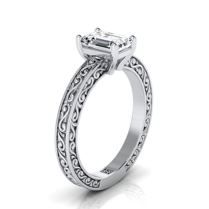 European Cut, Hand-Engraved Scroll Vintage Solitaire Emerald, in Platinum – side profile | RockHer