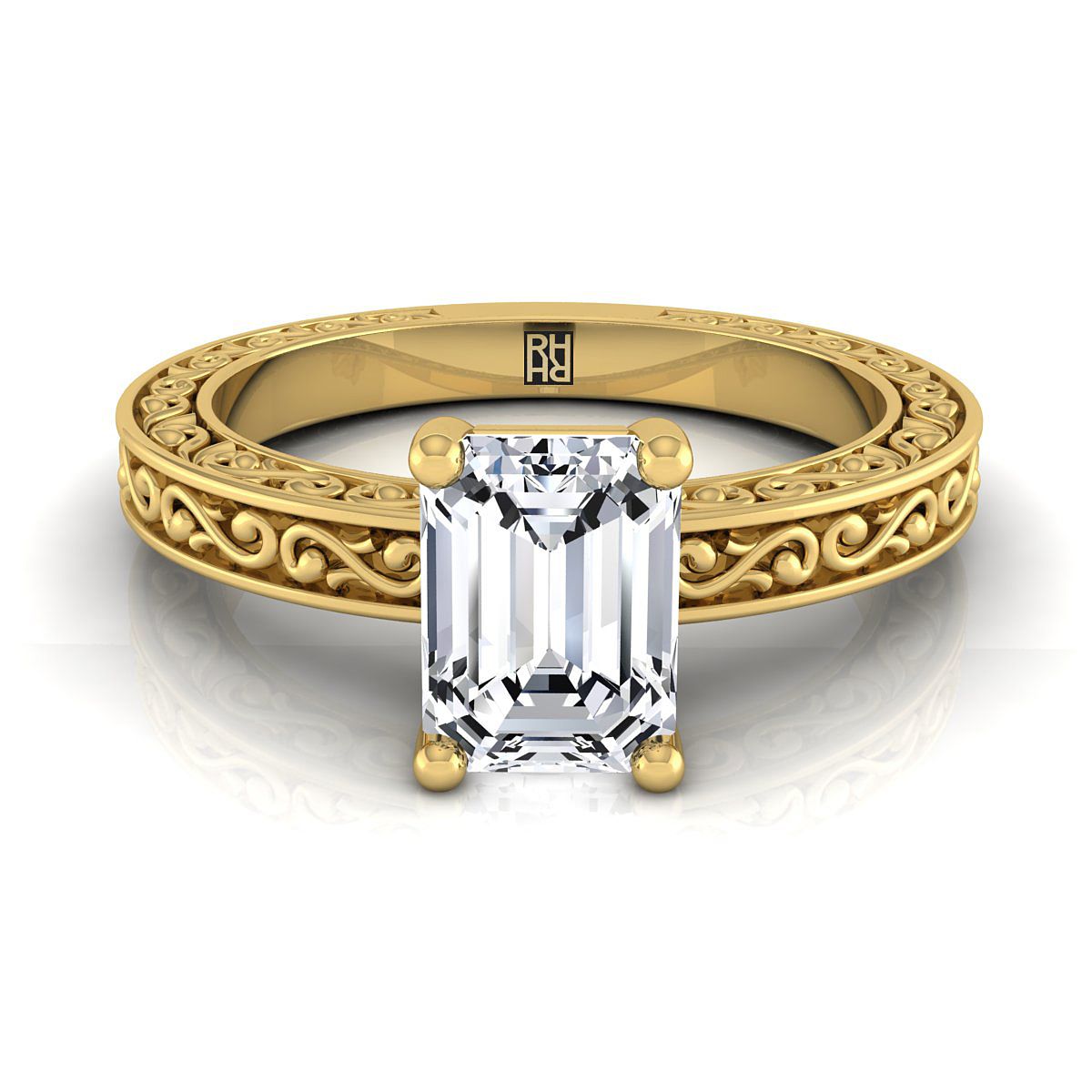 European Cut, Hand-Engraved Scroll Vintage Solitaire Emerald, in 18K Yellow Gold | RockHer