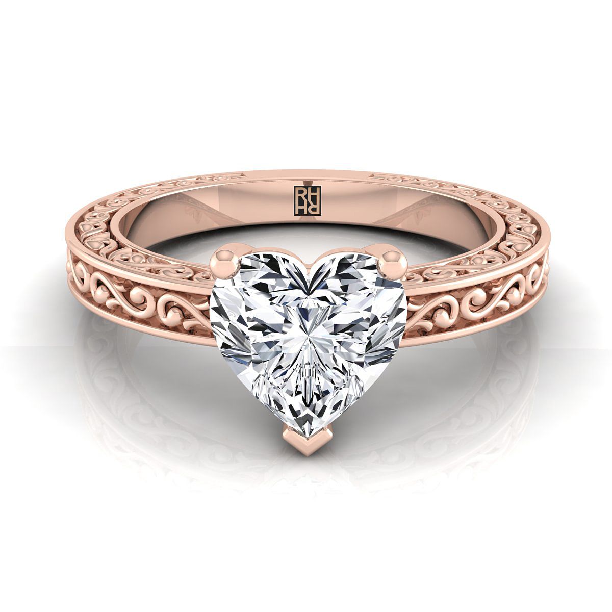Hand-Engraved Scroll Vintage Solitaire Heart Shape, in 14K Rose Gold | RockHer