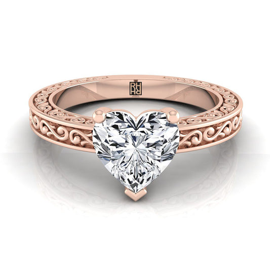 Hand-Engraved Scroll Vintage Solitaire Heart Shape, in 14K Rose Gold | RockHer