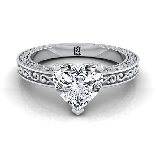 Hand-Engraved Scroll Vintage Solitaire Heart Shape, in Platinum | RockHer