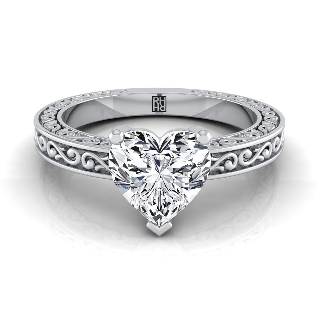 แหวนหมั้นโซลิแทร์วินเทจทรงหัวใจทองคำขาว 14K ตรงกลางสลักลายมือแบบม้วน