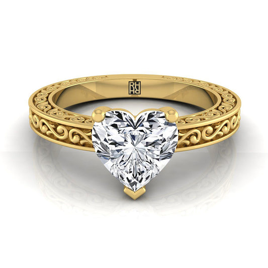 Hand-Engraved Scroll Vintage Solitaire Heart Shape Engagement Ring Setting in 14K Yellow Gold