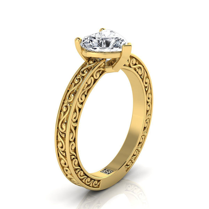 Hand-Engraved Scroll Vintage Solitaire Heart Shape, in 18K Yellow Gold – side profile | RockHer