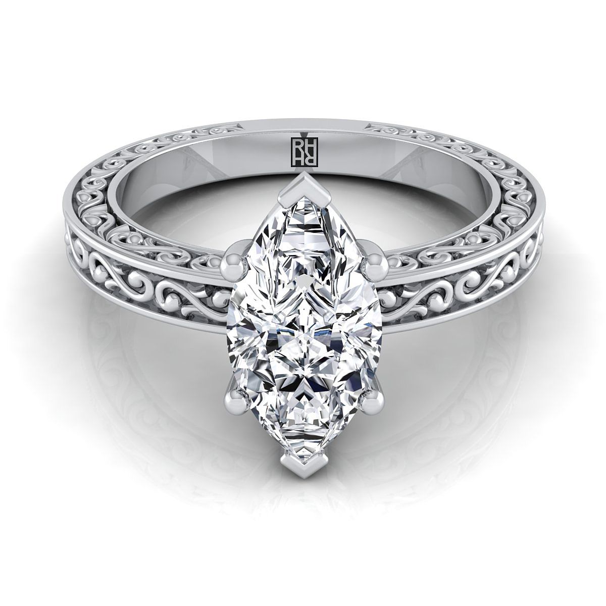 Hand-Engraved Scroll Vintage Solitaire Marquise, in Platinum | RockHer