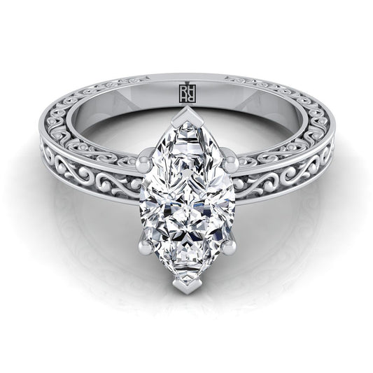 Hand-Engraved Scroll Vintage Solitaire Marquise, in Platinum | RockHer