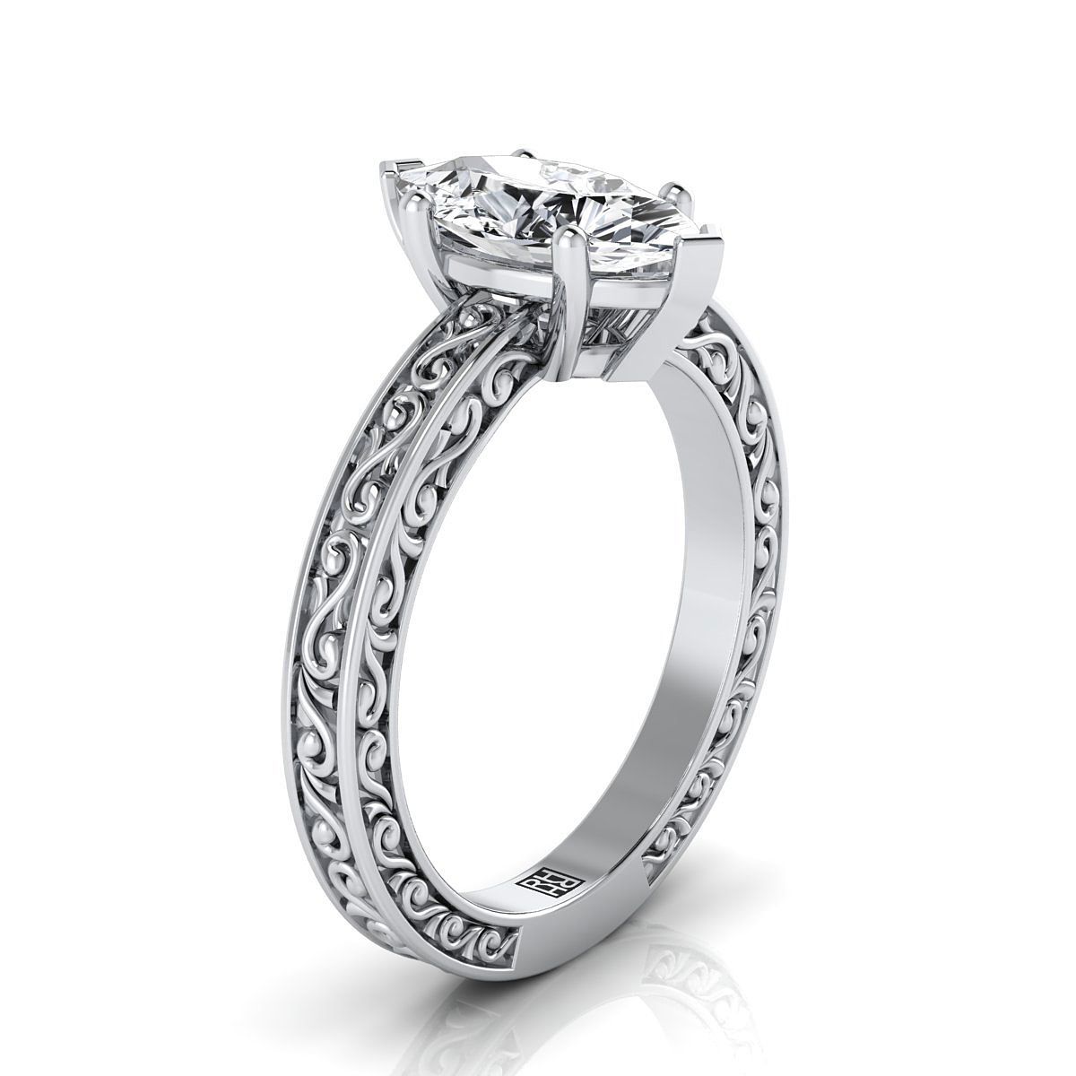 Hand-Engraved Scroll Vintage Solitaire Marquise, in 18K White Gold – side profile | RockHer