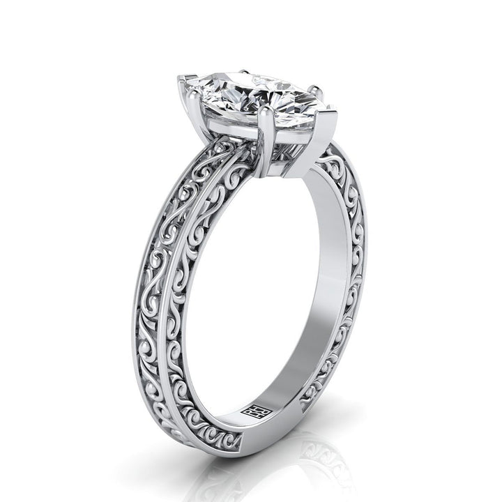 Hand-Engraved Scroll Vintage Solitaire Marquise, in 18K White Gold – side profile | RockHer