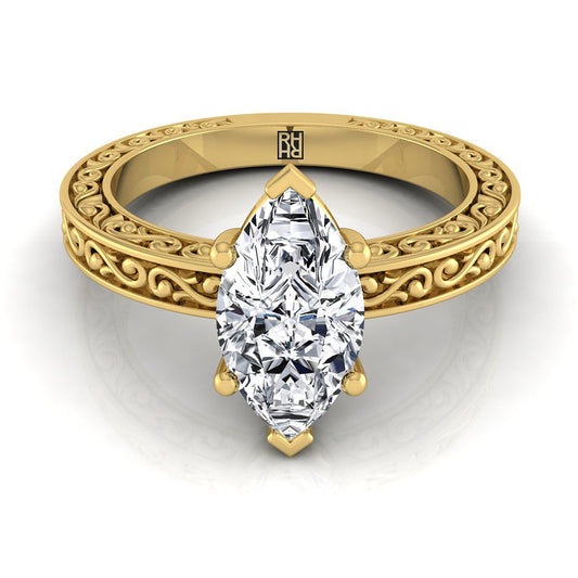 Hand-Engraved Scroll Vintage Solitaire Marquise, in 18K Yellow Gold | RockHer