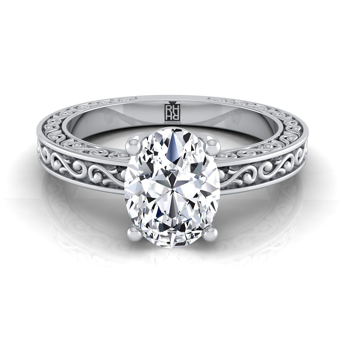 Hand-Engraved Scroll Vintage Solitaire Oval, in 18K White Gold | RockHer