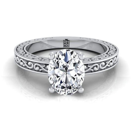 Hand-Engraved Scroll Vintage Solitaire Oval, in 18K White Gold | RockHer