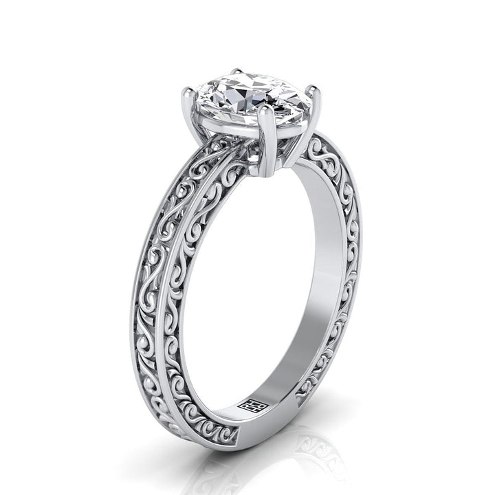 Hand-Engraved Scroll Vintage Solitaire Oval, in Platinum – side profile | RockHer
