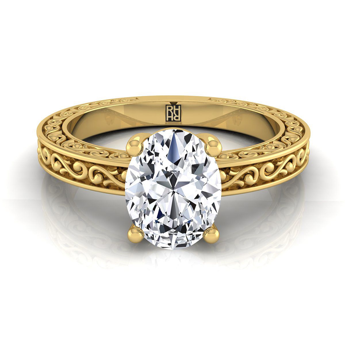 Hand-Engraved Scroll Vintage Solitaire Oval, in 18K Yellow Gold | RockHer