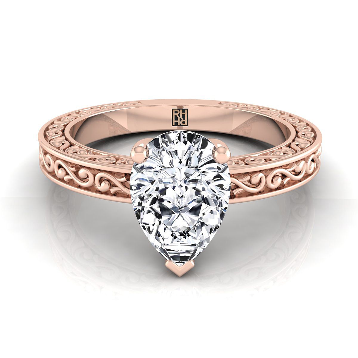 Hand-Engraved Scroll Vintage Solitaire Pear Shape, in 14K Rose Gold | RockHer