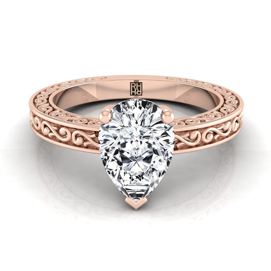 Hand-Engraved Scroll Vintage Solitaire Pear Shape, in 14K Rose Gold | RockHer