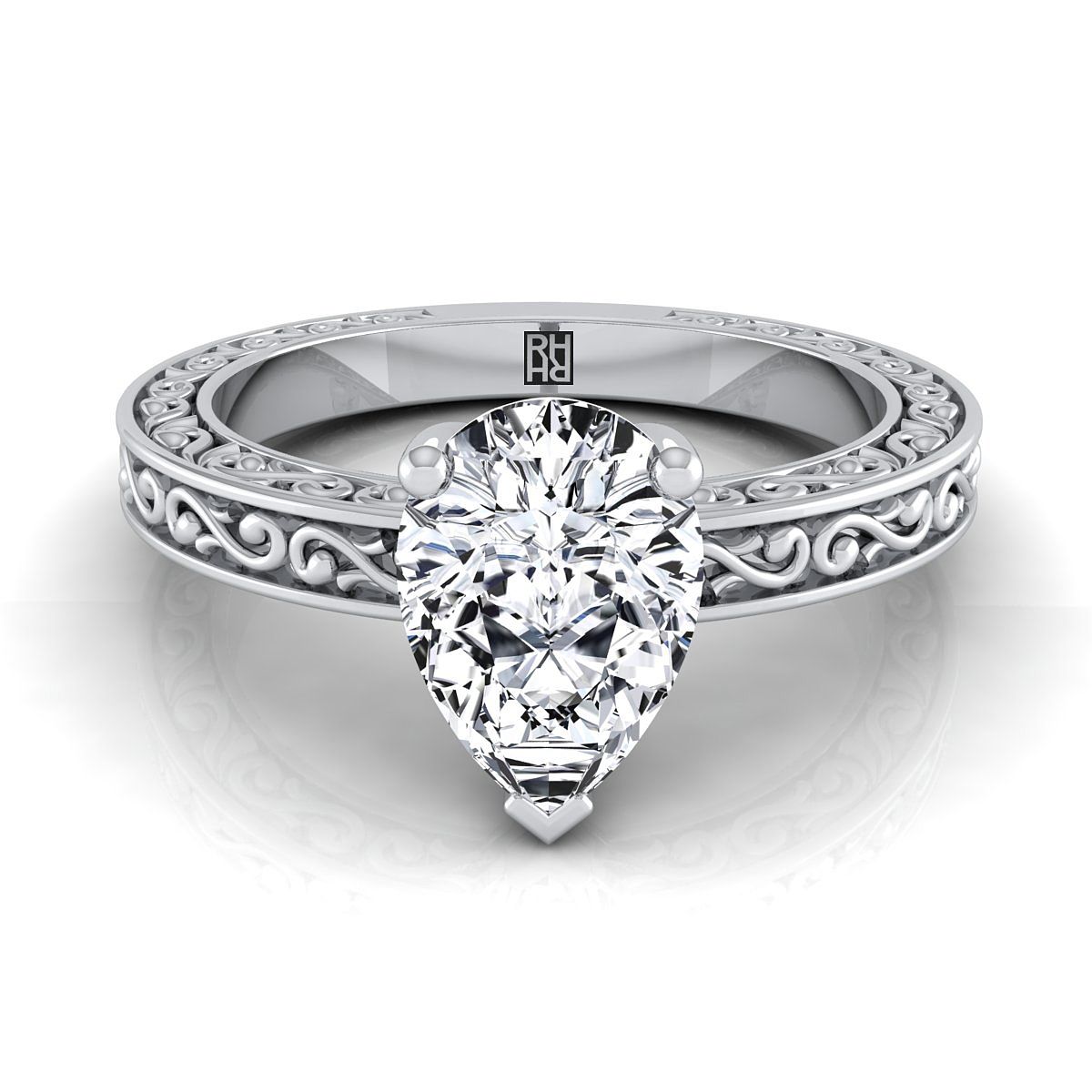 14K White Gold Pear Shape Center Hand Engraved Scroll Vintage Solitaire Engagement Ring