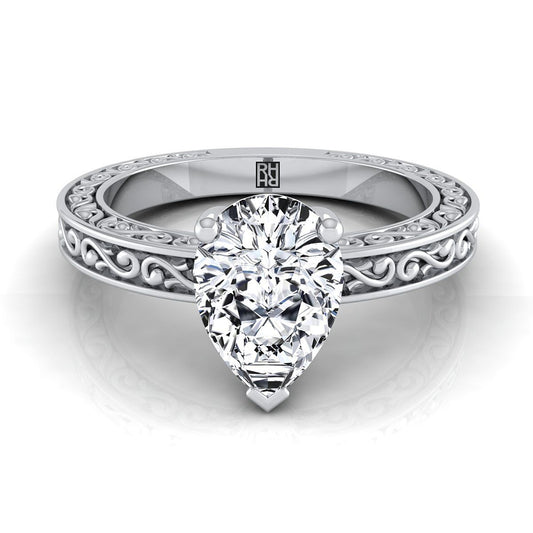 14K White Gold Pear Shape Center Hand Engraved Scroll Vintage Solitaire Engagement Ring