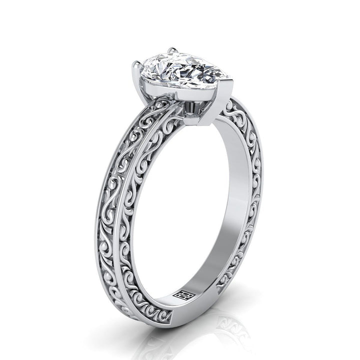 Hand-Engraved Scroll Vintage Solitaire Pear Shape, in Platinum – side profile | RockHer