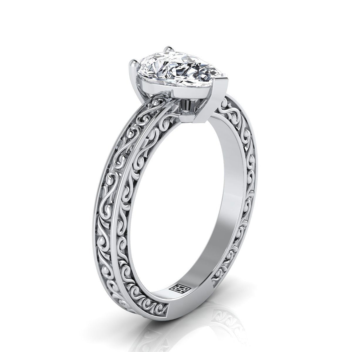 Hand-Engraved Scroll Vintage Solitaire Pear Shape, in 18K White Gold – side profile | RockHer
