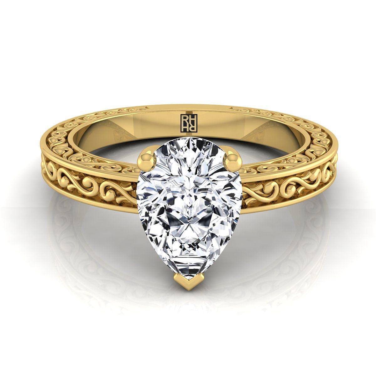 18K Yellow Gold Pear Shape Center Hand Engraved Scroll Vintage Solitaire Engagement Ring