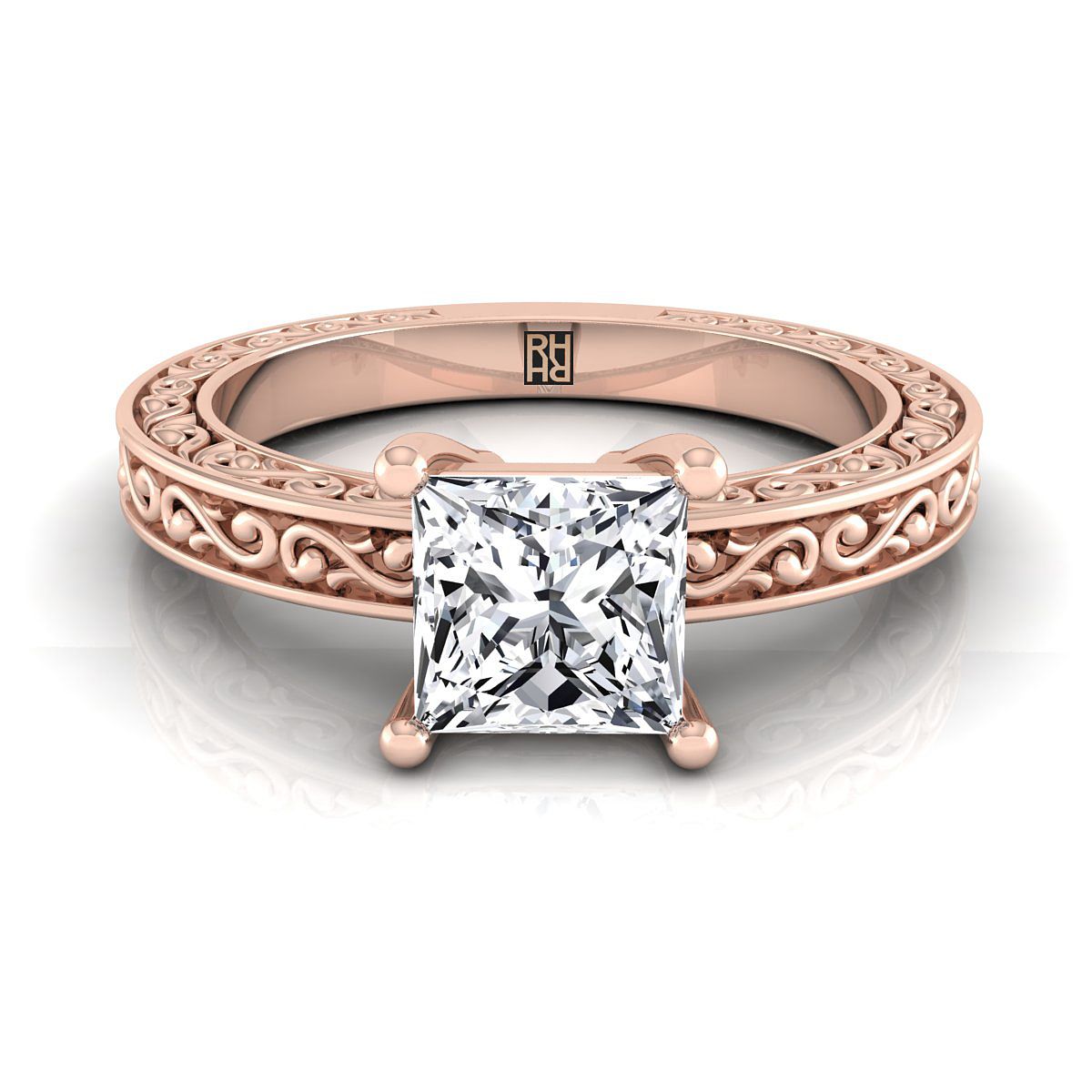Hand-Engraved Scroll Vintage Solitaire Princess, in 14K Rose Gold | RockHer