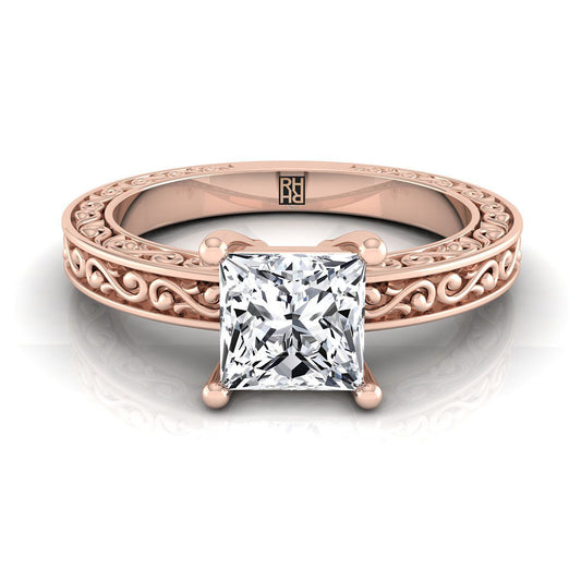 Hand-Engraved Scroll Vintage Solitaire Princess, in 14K Rose Gold | RockHer