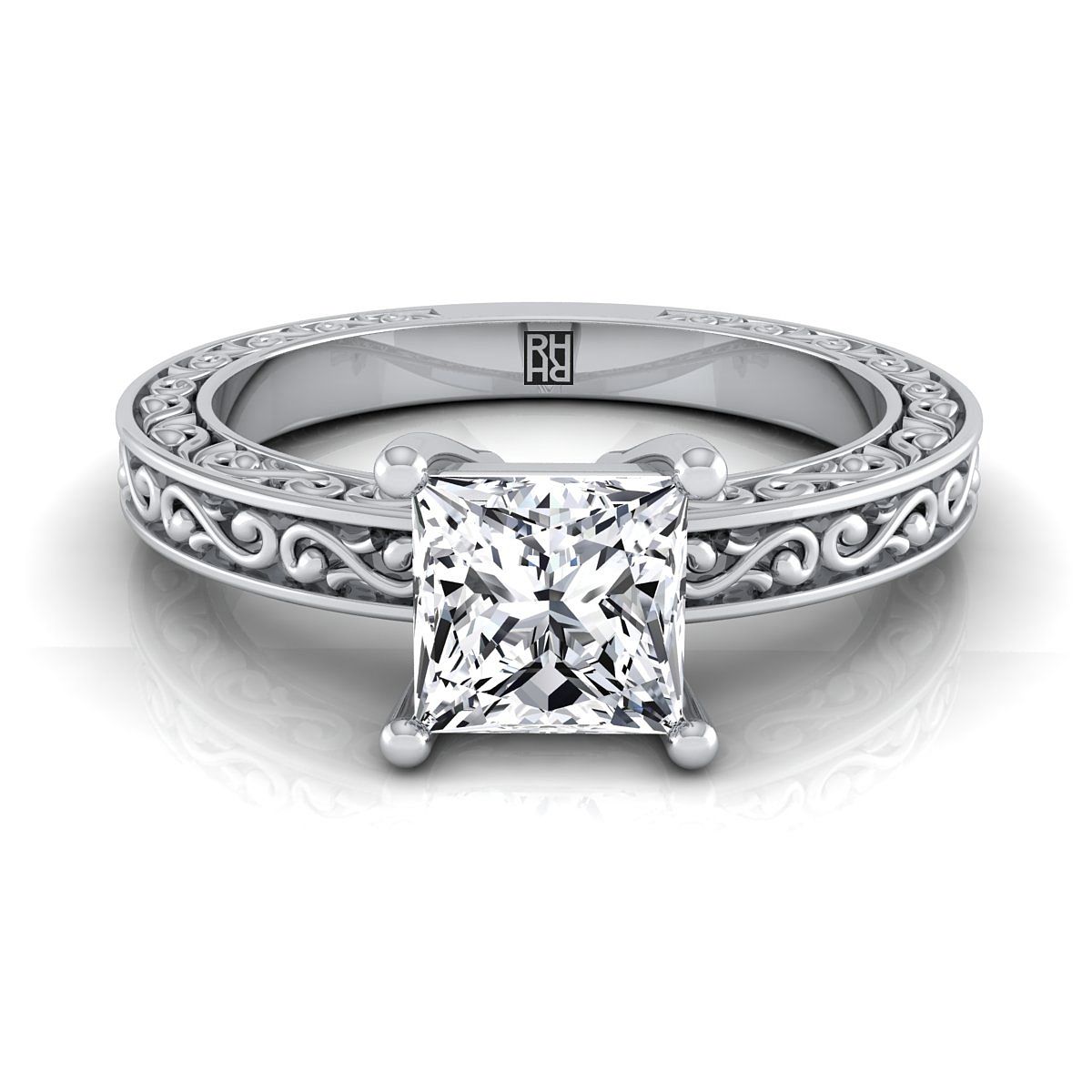 Hand-Engraved Scroll Vintage Solitaire Princess, in Platinum | RockHer