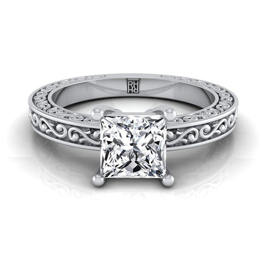 Hand-Engraved Scroll Vintage Solitaire Princess, in Platinum | RockHer