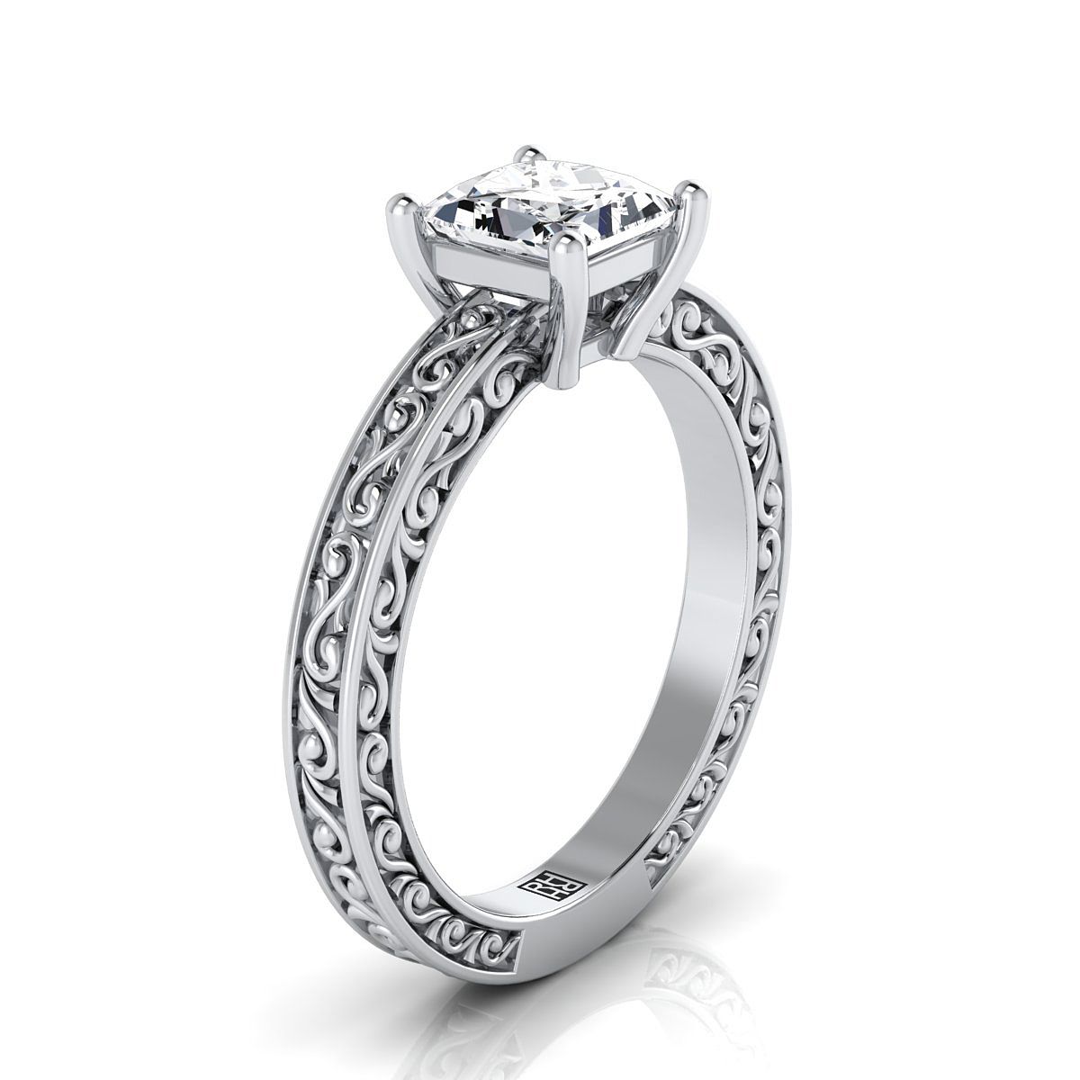 Hand-Engraved Scroll Vintage Solitaire Princess, in 18K White Gold – side profile | RockHer