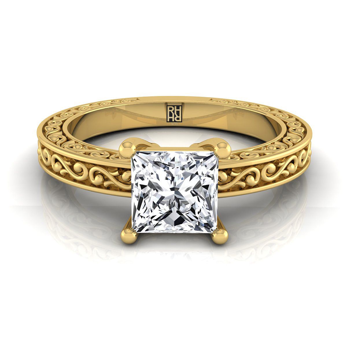 Hand-Engraved Scroll Vintage Solitaire Princess, in 18K Yellow Gold | RockHer