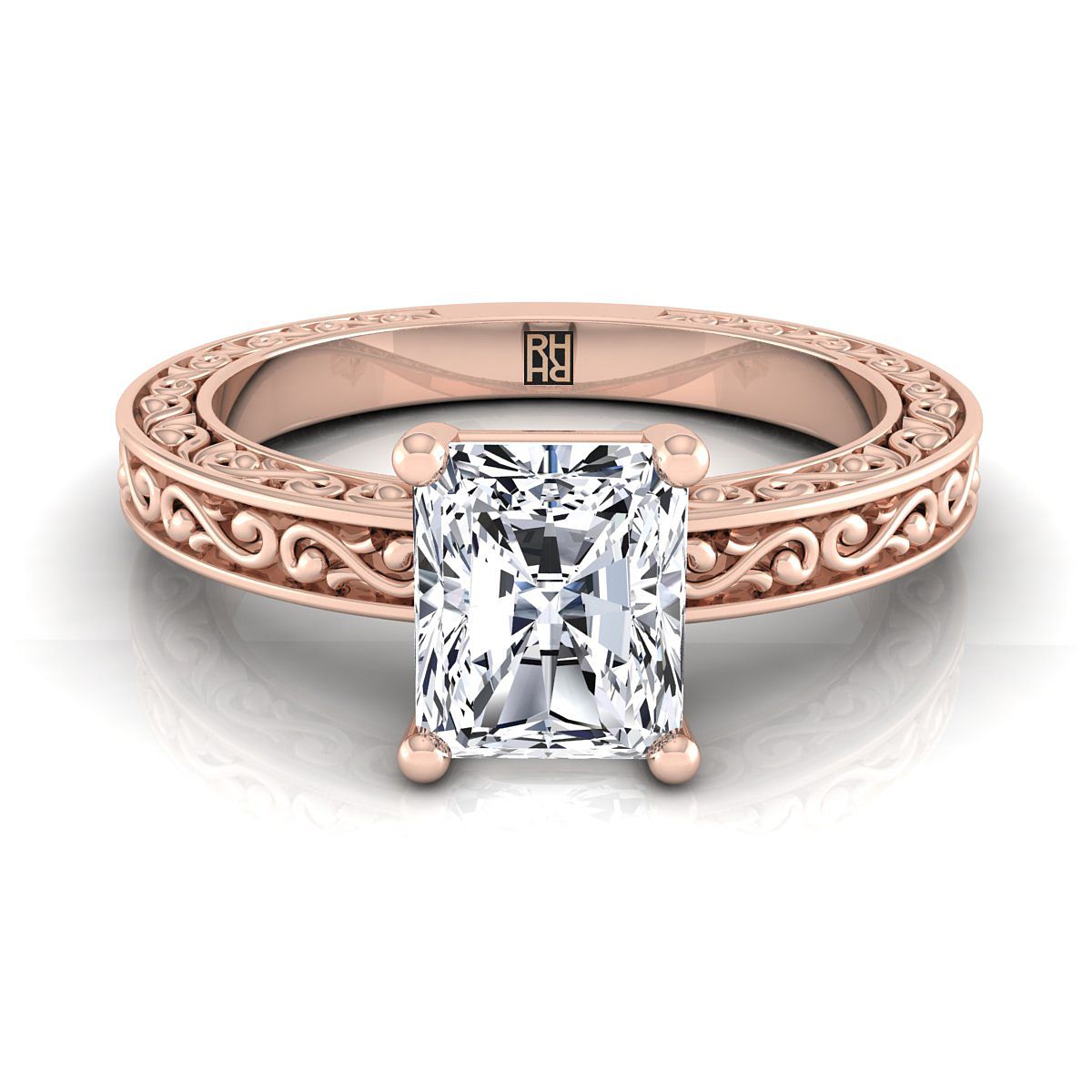Hand-Engraved Scroll Vintage Solitaire Radiant, in 14K Rose Gold | RockHer