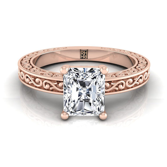 Hand-Engraved Scroll Vintage Solitaire Radiant, in 14K Rose Gold | RockHer