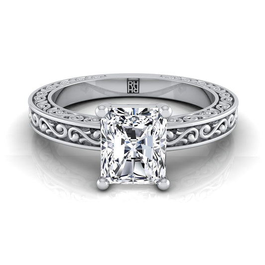 Hand-Engraved Scroll Vintage Solitaire Radiant, in 18K White Gold | RockHer