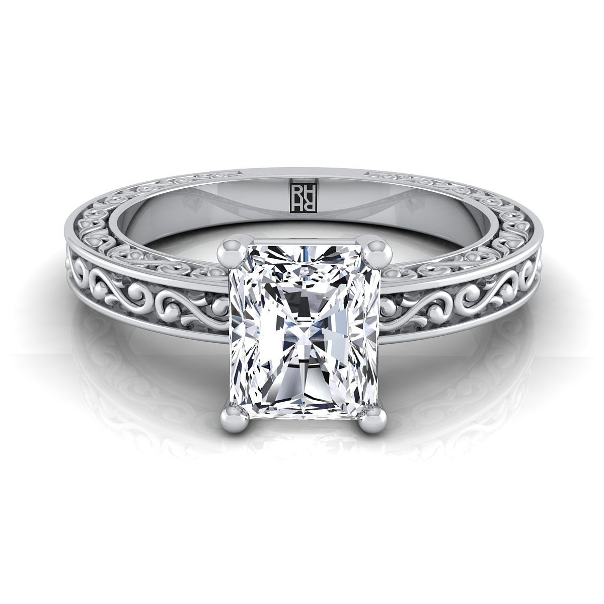 14K White Gold Radiant Cut Center Hand Engraved Scroll Vintage Solitaire Engagement Ring