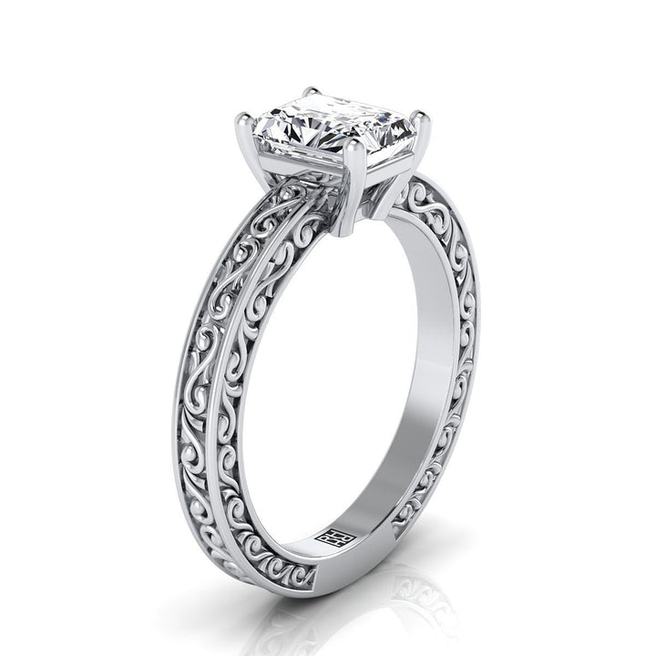 14K White Gold Radiant Cut Center Hand Engraved Scroll Vintage Solitaire Engagement Ring