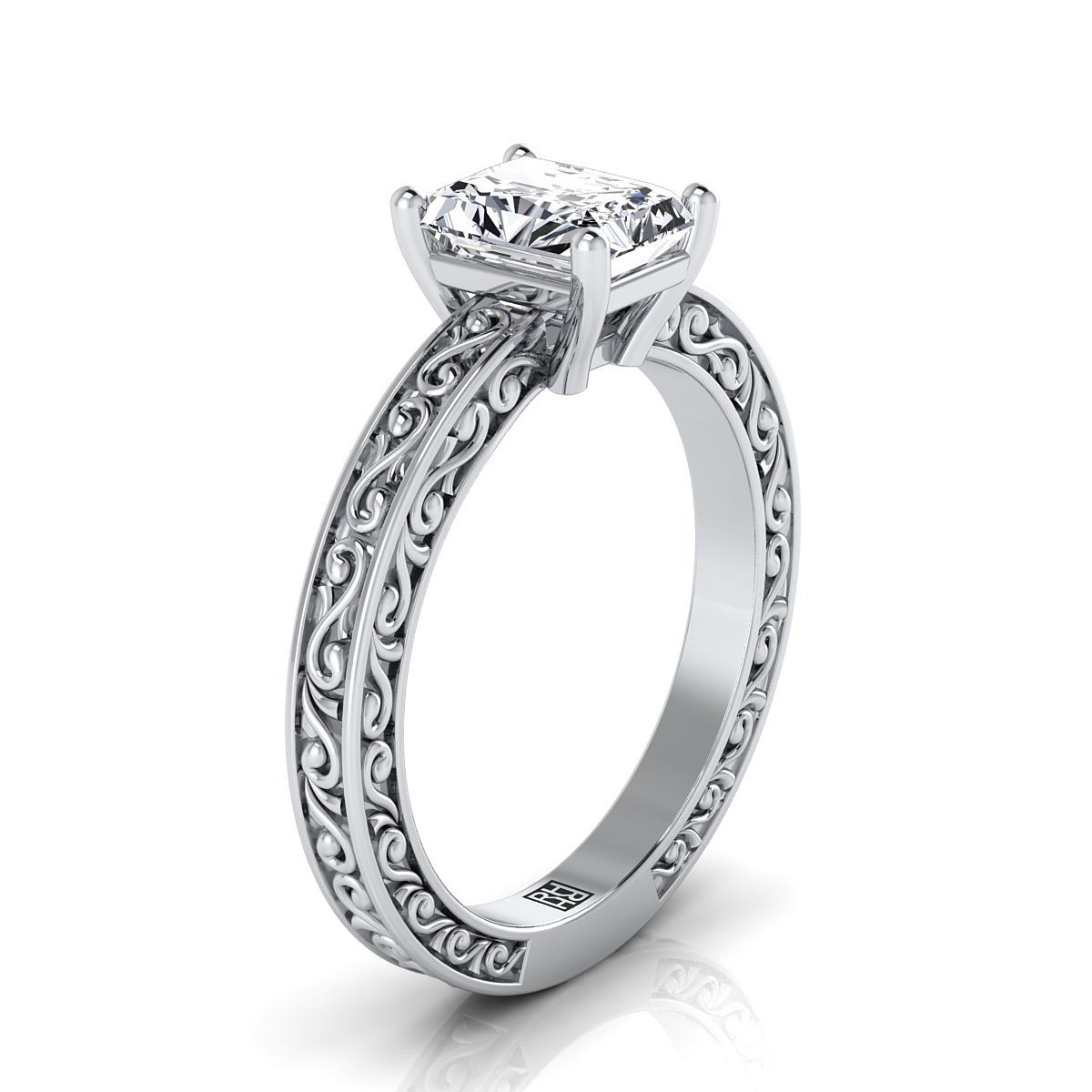 Hand-Engraved Scroll Vintage Solitaire Radiant, in Platinum – side profile | RockHer