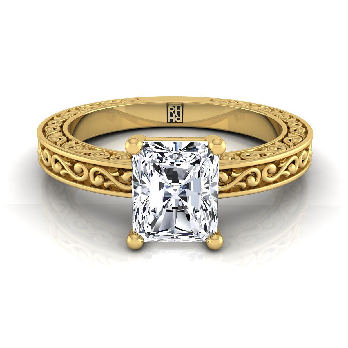 Hand-Engraved Scroll Vintage Solitaire Radiant, in 18K Yellow Gold | RockHer