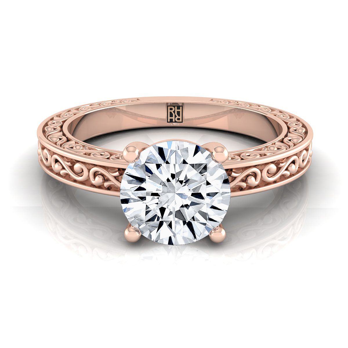 Round Brilliant, Hand-Engraved Scroll Vintage Solitaire Round, in 14K Rose Gold | RockHer