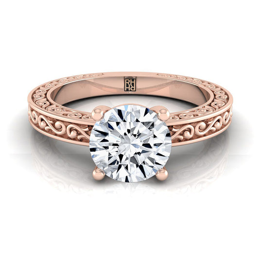 Round Brilliant, Hand-Engraved Scroll Vintage Solitaire Round, in 14K Rose Gold | RockHer