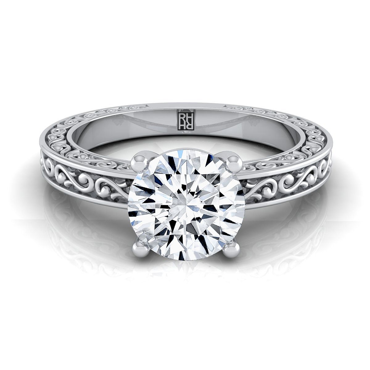 14K White Gold Round Brilliant Hand Engraved Scroll Vintage Solitaire Engagement Ring