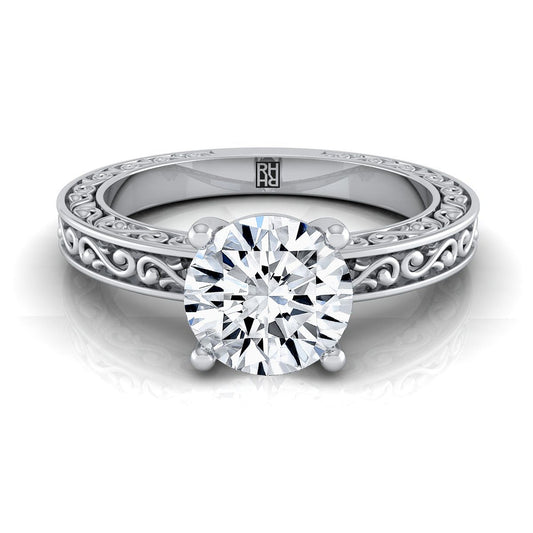 14K White Gold Round Brilliant Hand Engraved Scroll Vintage Solitaire Engagement Ring
