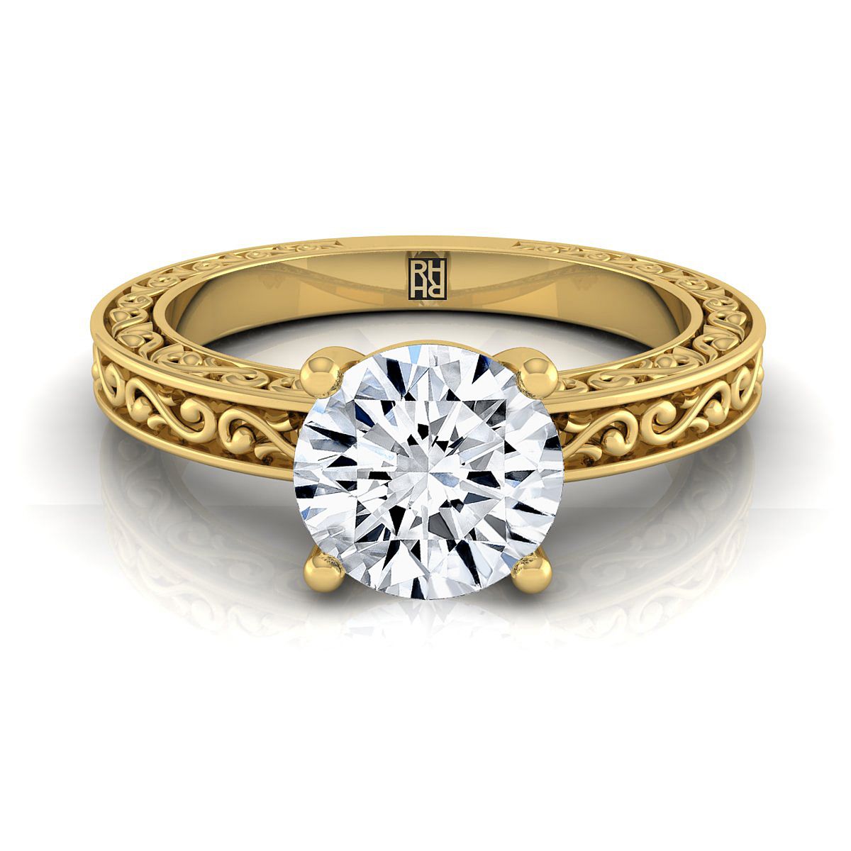 Round Brilliant, Hand-Engraved Scroll Vintage Solitaire Round, in 18K Yellow Gold | RockHer