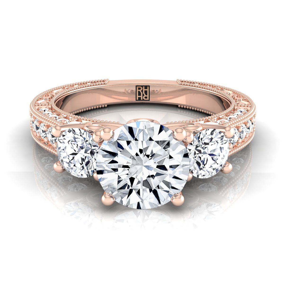 Round Brilliant Vintage Three Stone Antique Scroll Beaded Engagement Ring -7/8ctw, in 14K Rose Gold, pave setting | RockHer