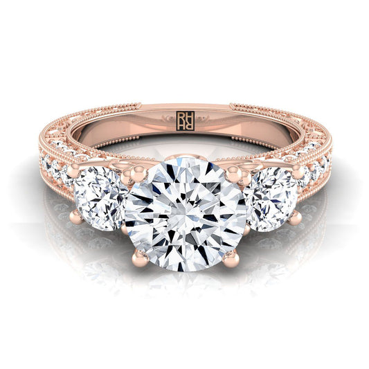Round Brilliant Vintage Three Stone Antique Scroll Beaded Engagement Ring -7/8ctw, in 14K Rose Gold, pave setting | RockHer