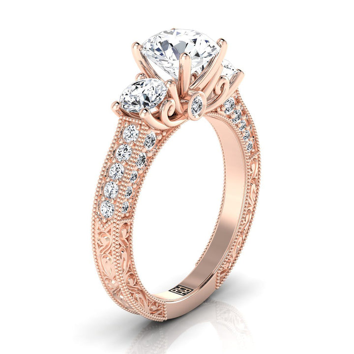 Round Brilliant Vintage Three Stone Antique Scroll Beaded Engagement Ring -7/8ctw, in 14K Rose Gold, pave setting – side profile | RockHer